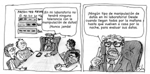 «No quiero manipulación en mi lab...». Imagen original de Leonid Schneider. Traducida a español por @aabrilru. CC BY-NC