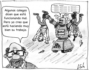 «El robot de la ciencia». Imagen original de Leonid Schneider. Traducida a español por @aabrilru. CC BY-NC
